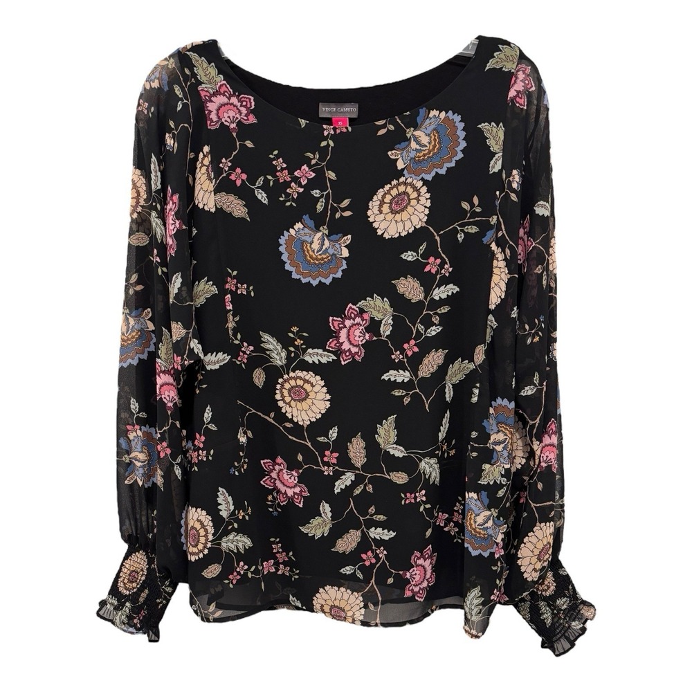 Vince Camuto‎ Top XL Sheer Black Multi Floral Bishop Sleeves Stretch Cuffs Lined